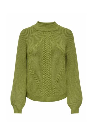 Pull vert en tricot avec des motifs torsadés, manches longues bouffantes, poignets côtelés et col roulé court côtelé.
