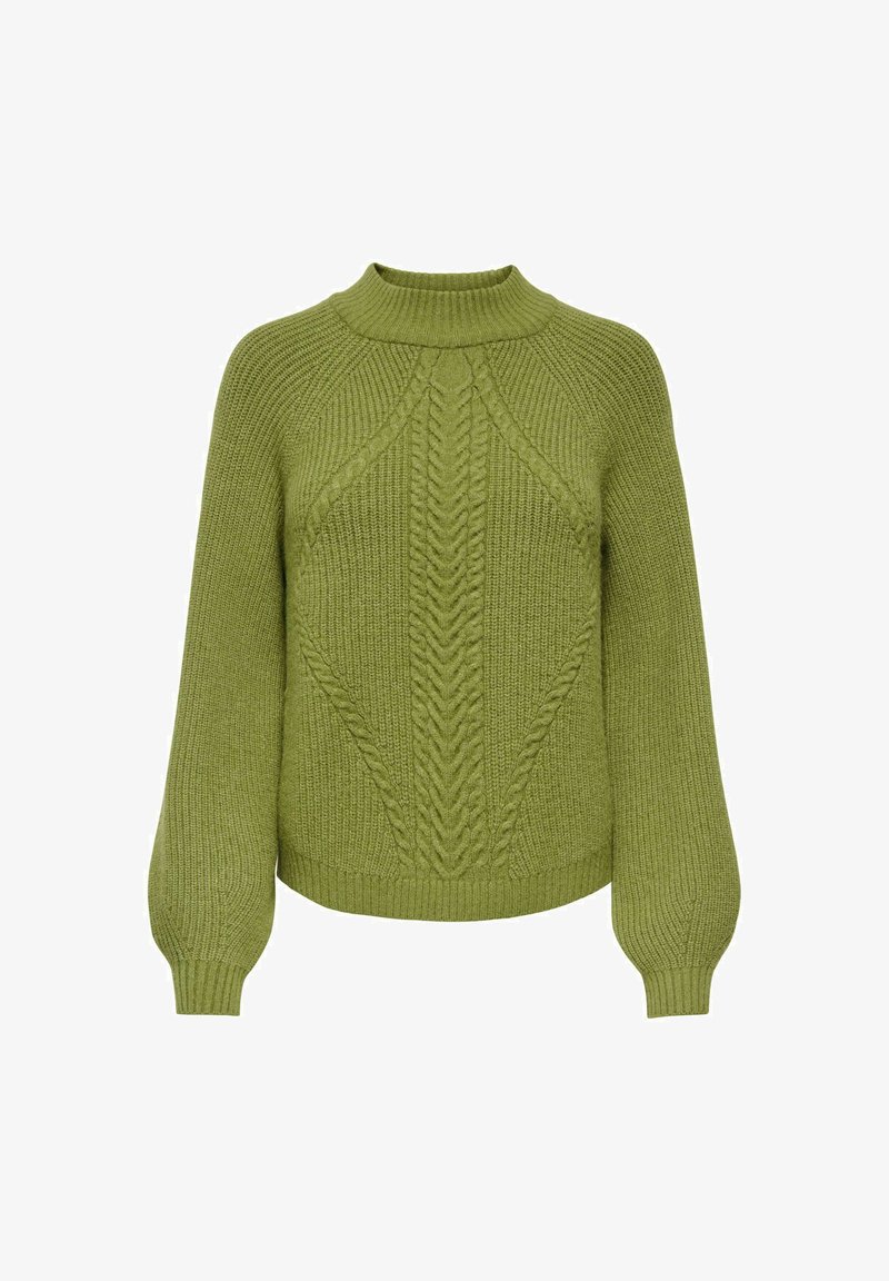 Pull vert en tricot avec des motifs torsadés, manches longues bouffantes, poignets côtelés et col roulé court côtelé.