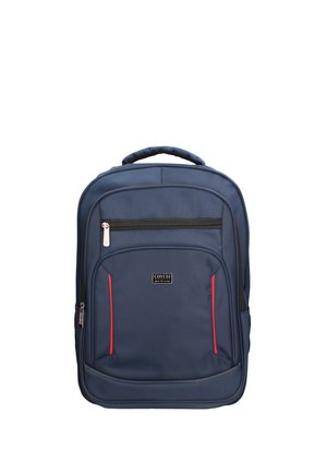 Zaino blu navy con manico imbottito, tasca frontale con cerniera, accenti verticali rossi e toppa con logo "Coveri active" sul pannello frontale.