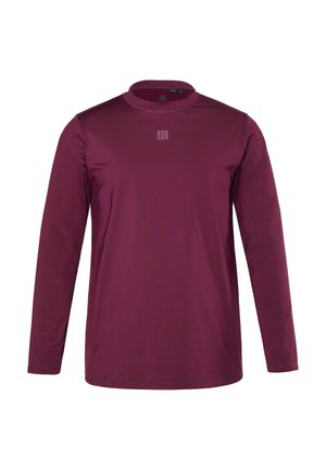 Long-sleeve maroon crew neck shirt with small square logo centered on chest.