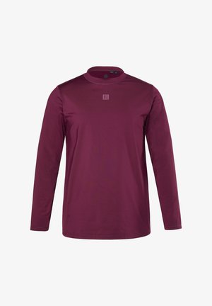 Langærmet maroon crew neck skjorte med lille firkantet logo centreret på brystet.