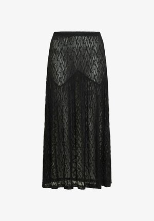 Zwarte maxi rok van kant met een semi-doorzichtig ontwerp, voorzien van bloemmotieven en een gegolfde tailleband, die tot aan de enkel valt.