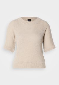 Trumpomis rankovėmis kreminis megztinis, minkšta tekstūra, apvalus kaklo iškirpimas, briaunotas apatinis kraštas ir rankovės, minimalus prek�ės ženklo ženklinimas kaklo srityje, jaukus dizainas.