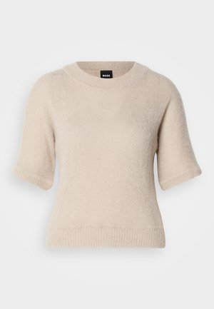 Κρεμ πουλόβερ με κοντά μανίκια, απαλό ύφασμα, στρογγυλή λαιμόκοψη, ριμπ τελείωμα και μανίκια, διακριτικό λογότυπο στον λαιμό, άνετο σχέδιο.