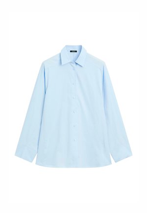 Chemise bleu clair à manches longues en coton. Elle présente un col classique, une patte de boutonnage frontale avec des boutons et un ourlet droit.