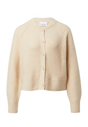 Beige wool-blend cardigan with a soft texture, round neck, and five button front. Features ribbed cuffs and hem, cropped design, and raglan sleeves.