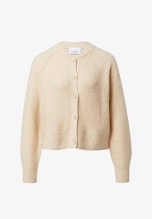 Beige Strickjacke aus Wollmischung mit weicher Textur, Rundhalsausschnitt und fünf Knöpfen vorne. Mit gerippten Bündchen und Saum, kurzem Design und Raglanärmeln.