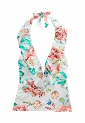 Haut halter en fleurs avec bords froncés, présentant un fond blanc et des motifs floraux colorés dans des teintes de rose, vert et bleu.