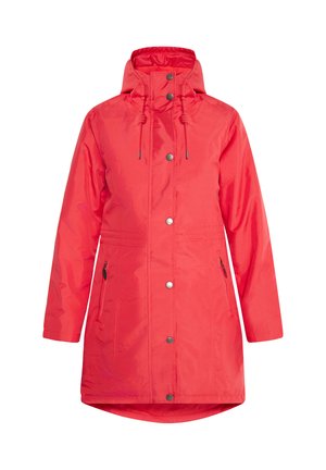 Rote wasserdichte Parkajacke mit hohem Kragen, verstellbarem Kapuze, Druckknopfverschluss und Seitentaschen. Glatte, glänzende Textur.