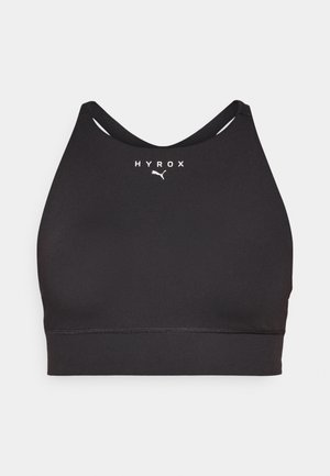 Schwarze Sport-BH mit figurbetontem Design, Racerback-Trägern und weißem "HYROX"-Logo. Hergestellt aus glattem, elastischem Material mit sauberem Finish.