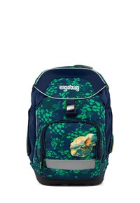 Sac à dos marine avec motif de feuilles vertes ; il dispose d'une poignée supérieure, de bretelles réglables, d'une poche zippée à l'avant et d'accents réfléchissants. Conception ergonomique.