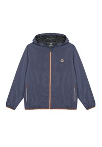 Marineblaues Windbreaker-Jacke mit Kapuze, orangenem Reißverschluss und Taschen an den Seiten. Hergestellt aus leichtem Material, mit elastischen Bündchen und Saum.