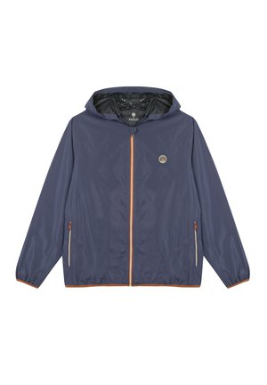 Veste coupe-vent marine avec capuche, fermeture éclair orange et poches latérales. Fabriquée à partir d'un matériau léger, elle présente des poignets et un ourlet élastiques.