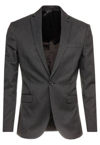 Blazer gris à rayures, avec un devant ouvert, fermeture à un bouton, revers crantés et deux poches avant. Doublure intérieure lisse.