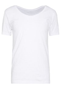 Weißes T-Shirt mit kurzen Ärmeln, Rundhalsausschnitt, weicher Textur, lockere Passform, gefertigt aus leichtem Stoff mit einem leichten Stretch. Keine Muster oder Akzente.