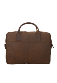 Brun l�ædermappe med dobbelte håndtag, lynlåslukning og syede detaljer. Glat tekstur, rektangulær form og minimalistisk design.