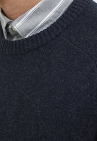 Suéter de punto azul marino con cuello acanalado, llevado sobre una camisa de cuello gris claro con rayas verticales blancas.