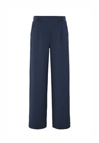 Navy wide-leg trousers made of soft fabric, featuring a high waist with two black buttons, single pleats at the front, and clean cut hems.