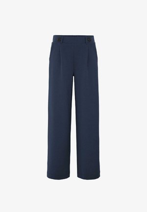 Marineblauwe wijde broek van zachte stof, met een hoge taille met twee zwarte knopen, enkele plooien aan de voorkant en net afgewerkte zoom.