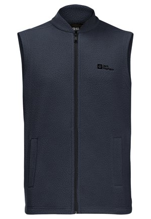 Gilet in pile blu navy con colletto alto, chiusura frontale con zip e due tasche laterali. Presenta un logo discreto sul lato sinistro superiore.