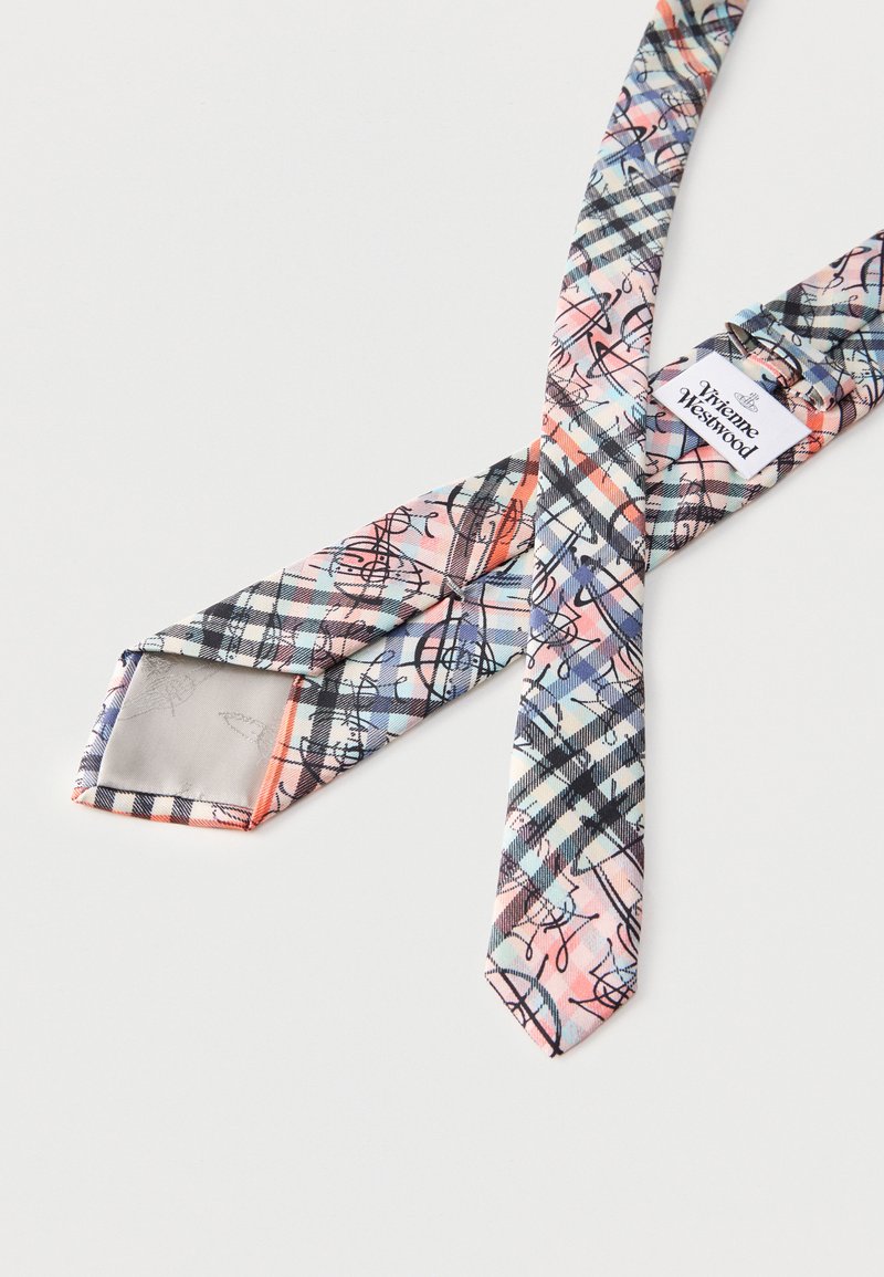 Slim tie with pastel plaid pattern in pink, blue, and black, featuring abstract black line designs and a Vivienne Westwood label.