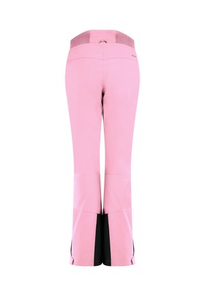 Rosa enganbarte Hosen mit breiten schwarzen Paneelen an den unteren Hinterbeinen und einem strukturierten Bund, von hinten gezeigt.