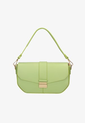 Sac à bandoulière vert clair avec fermeture à rabat et fermoir rectangulaire doré, doté d'une seule sangle attachée par une quincaillerie dorée.