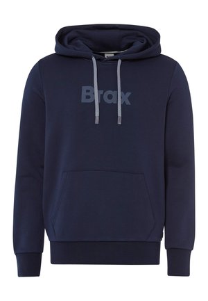 Felpa con cappuccio blu navy, dotata di una tasca a marsupio anteriore, corde di regolazione e un grande logo "Brax" discreto sul petto. Tessuto morbido.