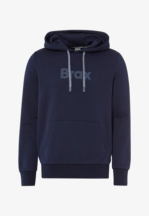 Felpa con cappuccio blu navy, dotata di una tasca a marsupio anteriore, corde di regolazione e un grande logo "Brax" discreto sul petto. Tessuto morbido.