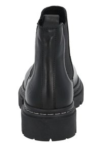 Botín negro de cuero hasta el tobillo con paneles elásticos en los laterales, punta redondeada, suela de goma texturizada y costuras blancas contrastantes a lo largo de la base.