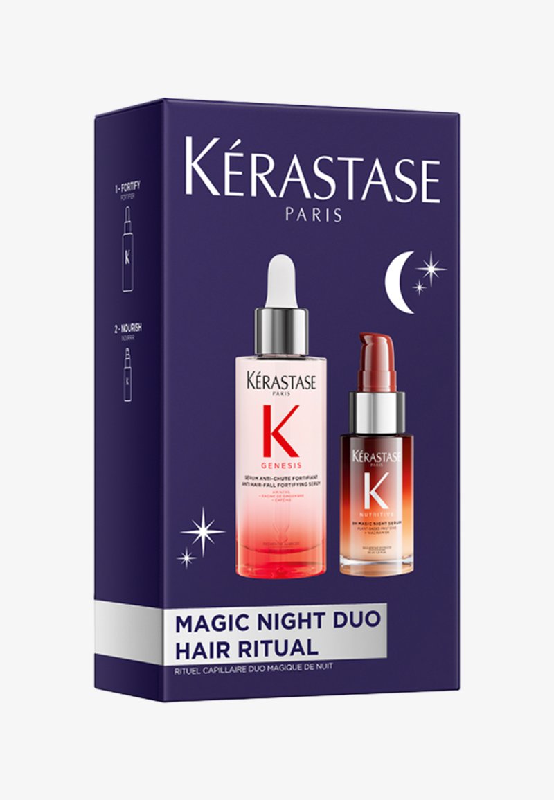 Boîte Kérastase Magic Night Duo Hair Ritual montrant deux flacons de sérum pour le soin des cheveux de nuit sur un fond violet foncé avec lune et étoiles.