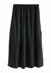 Crna, suknja dužine do koljena, izrađena od meke tkanine s elastičnim pojasom. Ima glatku teksturu i jednostavan, lepršav dizajn.