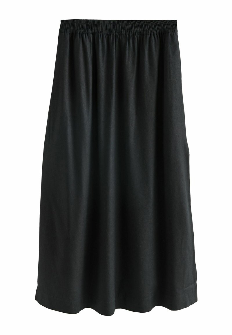 Crna, suknja dužine do koljena, izrađena od meke tkanine s elastičnim pojasom. Ima glatku teksturu i jednostavan, lepršav dizajn.
