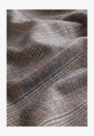 Woven fabric with a check pattern in gray, brown, and subtle blue, featuring a soft texture and a slight sheen.