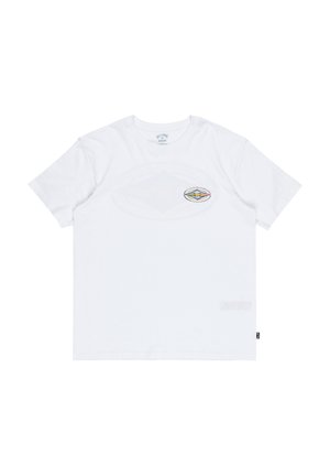 Wit katoenen t-shirt met een kleurrijk ovaal grafisch ontwerp op de borst en een klein logo-label aan de zijkant. Korte mouwen en ronde hals.