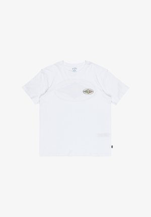 White cotton t-shirt featuring a colorful oval graphic design on the chest and a small logo tag on the side. Short sleeves and crew neck.