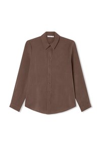 Camicia marrone a maniche lunghe con colletto a punta, chiusura frontale con bottoni e una texture liscia e opaca. Presenta un orlo arrotondato e polsini standard.