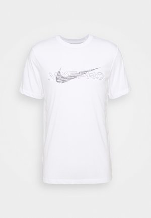 White cotton T-shirt with crew neckline and short sleeves, featuring a gray Nike Pro logo across the chest. Simple design, soft texture.