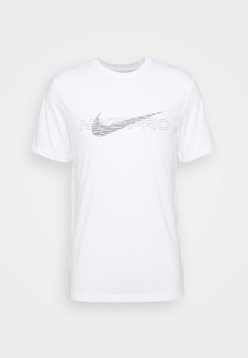 White cotton T-shirt with crew neckline and short sleeves, featuring a gray Nike Pro logo across the chest. Simple design, soft texture.