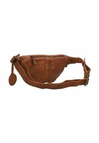 Braune Leder-Schultertasche mit Reißverschluss, ausgestattet mit einem runden Lederakzent und einem geprägten Ankerlogo auf der Vorderseite. Verstellbarer Schulterriemen inklusive.