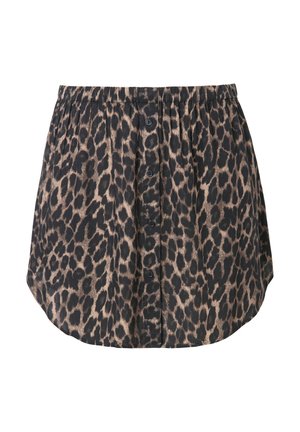 Leopard print shirt with an elastic waistband, short sleeves, front button closure, and a curved hem. Made from lightweight fabric.