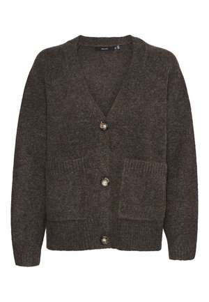 Brown wool cardigan featuring a V-neck, three buttons, two front pockets, and ribbed accents at the hem and pockets.