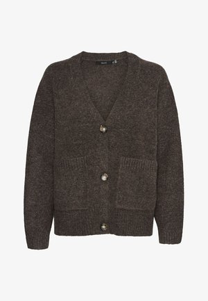 Brown wool cardigan featuring a V-neck, three buttons, two front pockets, and ribbed accents at the hem and pockets.