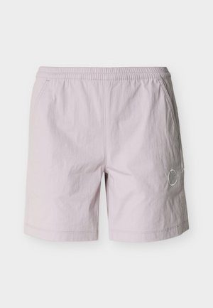 Light pink men's shorts with elastic waistband, side pockets, and subtle logo on left leg, displayed against white background.