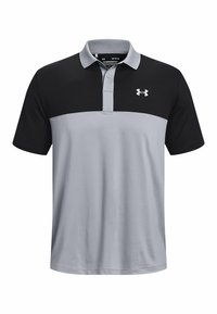 Polo tričko s černou horní částí a světlou šedou dolní částí. Vyrobeno z hladké tkaniny, má límec a logo Under Armour na hrudi.