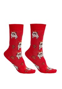 Rote Baumwollsocken mit cartoonartigen Motiven von einem Hund und Lebkuchenfiguren in einem wiederholenden Muster. Weiche Textur, mittellang bis zur Wade.