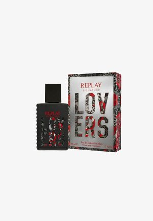 Replay Signature Lovers herre Eau de Toilette-flaske og dekorativ æske med sorte, røde og hvide blomsterprint, 50 ml størrelse.