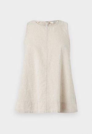 Top beige sin mangas de lino con escote redondo y cierre de cremallera en la espalda, corte holgado y textura lisa sobre un fondo claro.