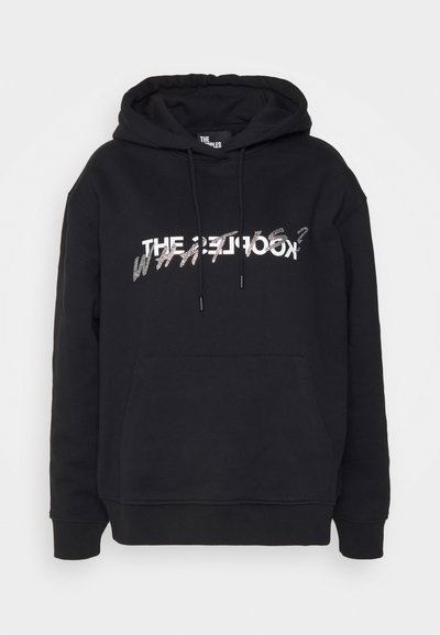 Black hoodie with a large, white graphic text design featuring reflective accents. Includes a front kangaroo pocket and adjustable drawstrings.