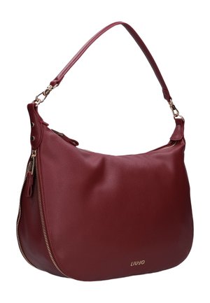 Sac à bandoulière en cuir bordeaux avec fermetures éclair dorées, détails de fermoir et logo « LIU JO » estampillé sur le devant.